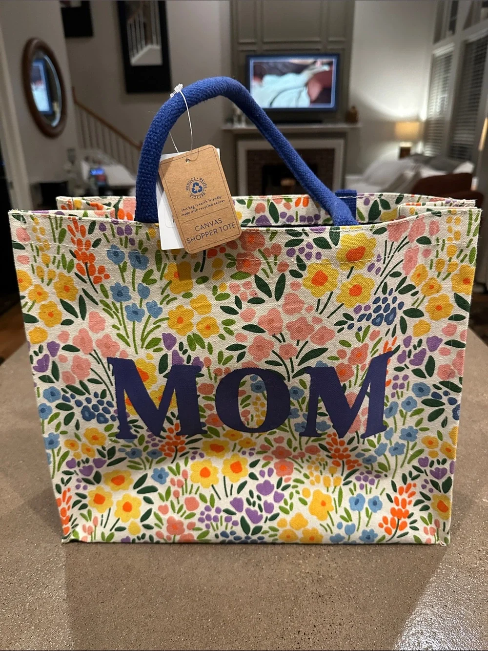 Eccolo Floral Canvas Tote Bag with Navy 'MOM' Text